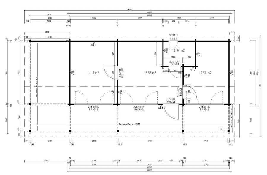 Two Bedroom Log Cabin with Large Veranda “Edward” 37m² / 6 x 13 m / 70mm