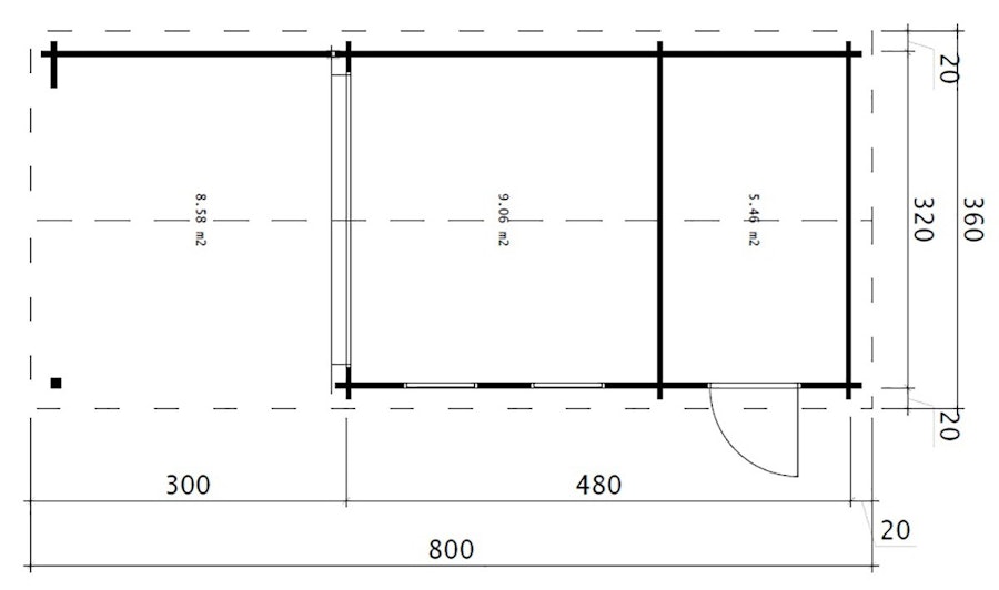 Garden Room Super Nora E with Veranda and Shed 15 m2 / 8 x 3 m / 44 mm