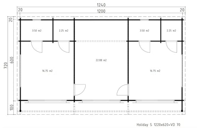 Log Cabin with 2 Bedrooms “Holiday S1” 70m² / 12 x 6 m / 70mm