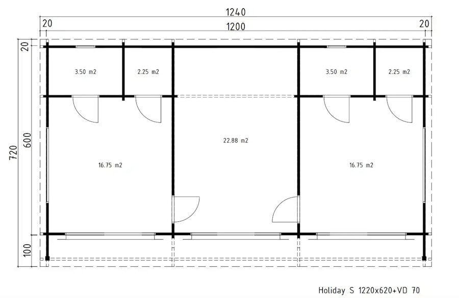 Log Cabin with 2 Bedrooms “Holiday S1” 70m² / 12 x 6 m / 70mm