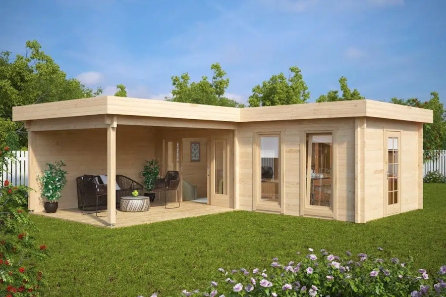 Large Corner Summer House with Veranda Hansa Deluxe A 22m2 / 70mm / 7 x 3 m