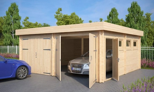 Modern Double Wooden Garage F with Flat Roof / 44mm / 6 x 6 m