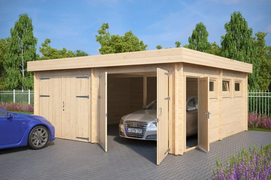 Modern Double Wooden Garage F with Flat Roof / 44mm / 6 x 6 m