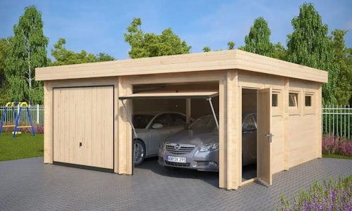 Modern Double Wooden Garage F with Up and Over Doors / 44mm / 6 x 6 m