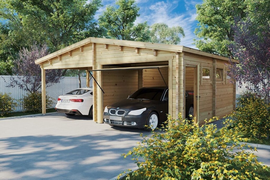plakboek De controle krijgen De Kamer Wooden Garage with Carport Type G / 70mm / 6 x 7 m | CabinCo