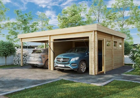 Wooden Garage with Carport Type G / 70mm / 6 x 7 m