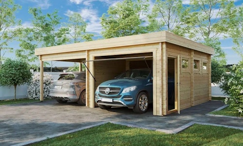 Wooden Garage with Carport Type H / 70mm / 6 x 7 m